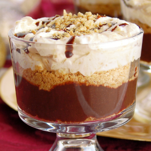 bowl of peanut butter cookie and chocolate trifle