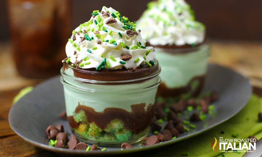 two chocolate mint trifles on a serving platter..