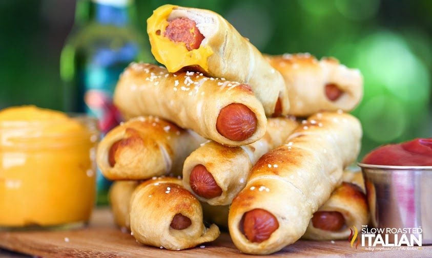 simple homemade stuffed pretzel dogs stacked