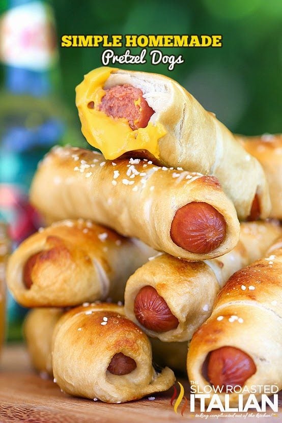 stack of pretzel dogs.