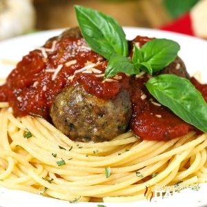 Plate of Big Boy Meatballs and Spaghetti with spaghetti sauce on top
