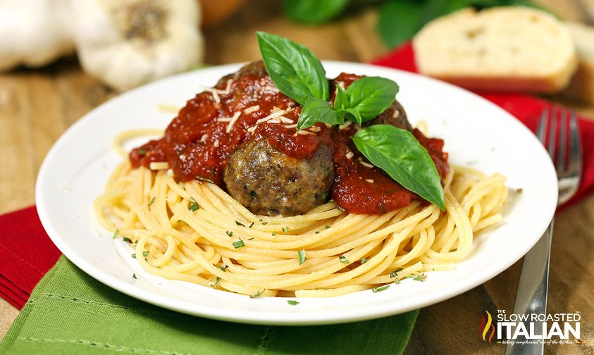 plate of big boy meatballs and spaghetti