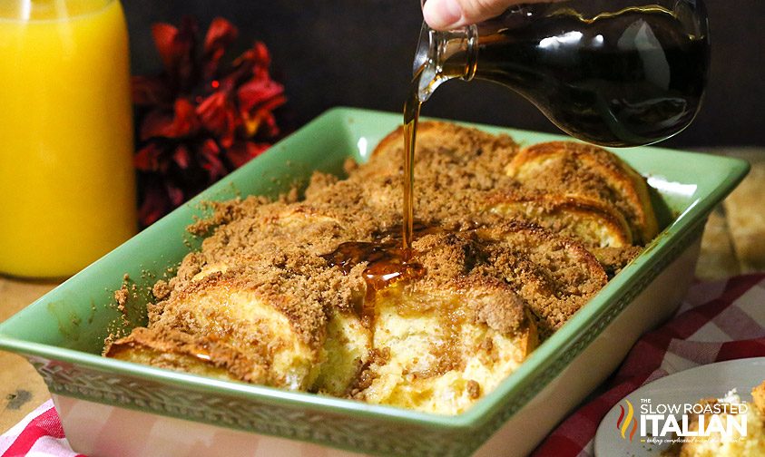 pouring syrup over a breakfast bake