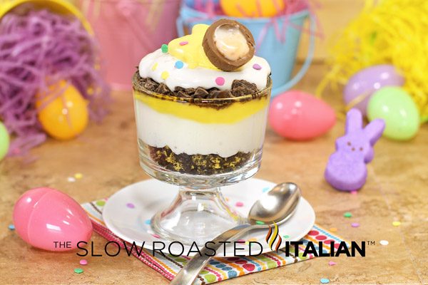 cadbury egg inspired easter trifle in bowl