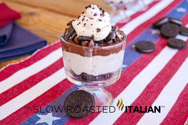 oreo cookie trifle on patriotic background