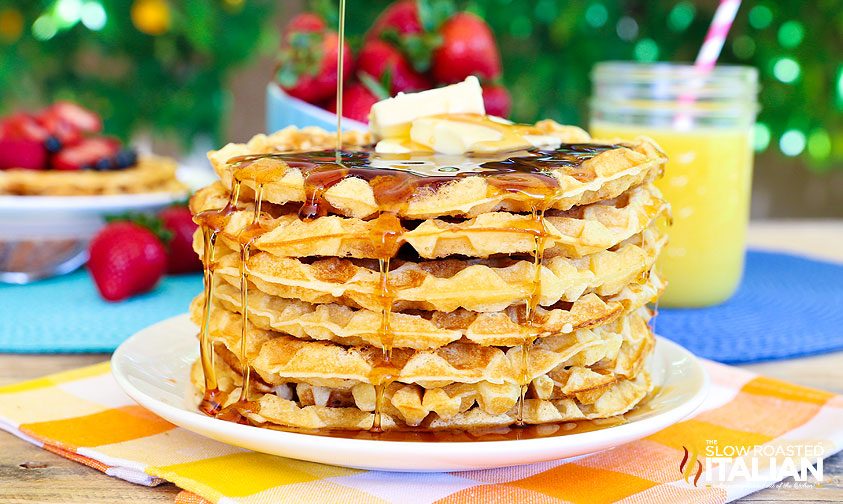 stack of homemade waffles on plate
