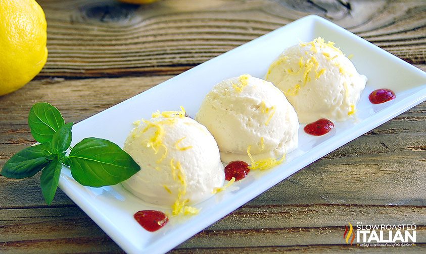 scoops of lemon frozen yogurt on dessert plate