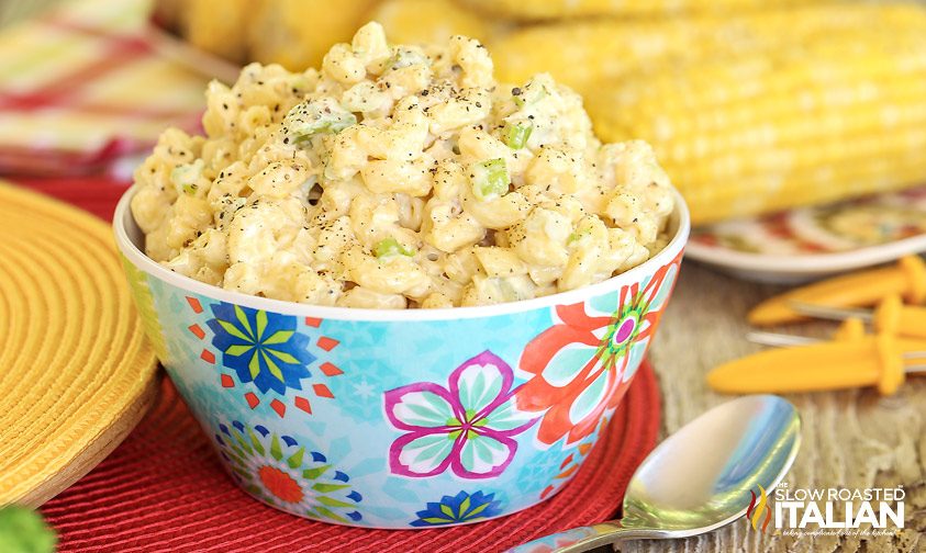 simple macaroni salad recipe in floral serving bowl
