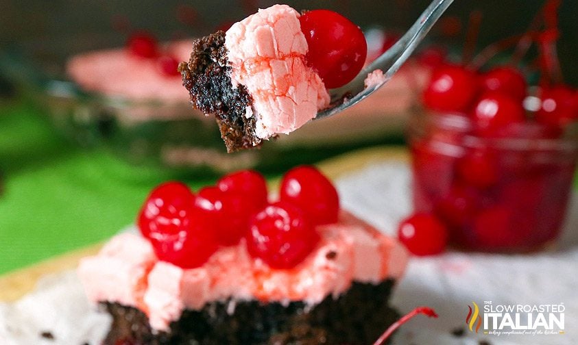 fork full of cherry dr pepper cake