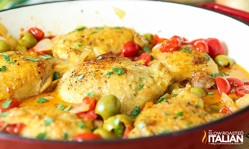 chicken thighs in pan, close up