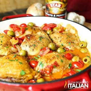 Bowl of Pan-Fried Chicken Thighs with Olives and Tomatoes