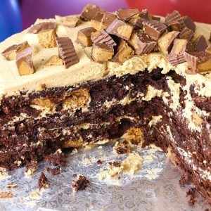 Cut piece of Reese's Peanut Butter Cup Extreme Brownie Cake