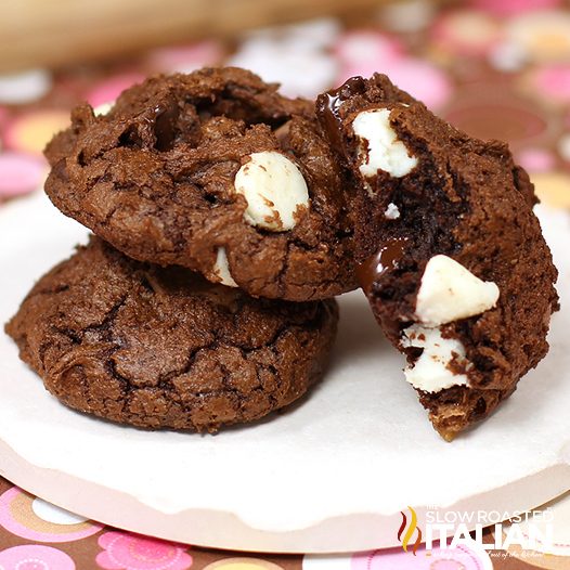 Three Death by Chocolate Cookies with one bite taken out