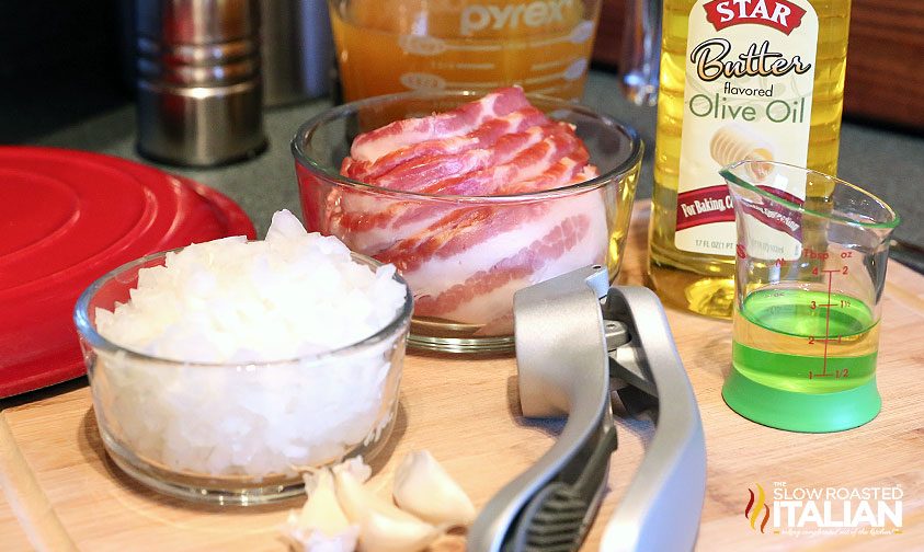 ingredients in bowls and on kitchen counter to make a corn chowder recipe