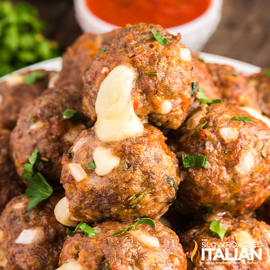 italian cheese stuffed meatballs closeup