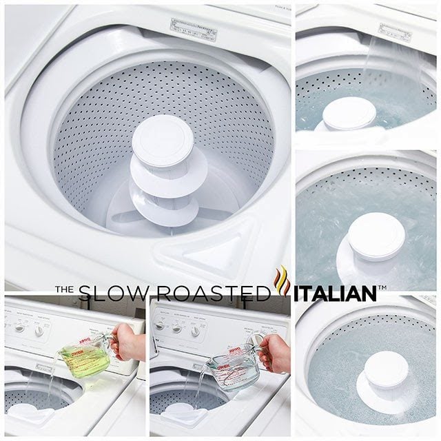 collage shows how to clean a top load washing machine