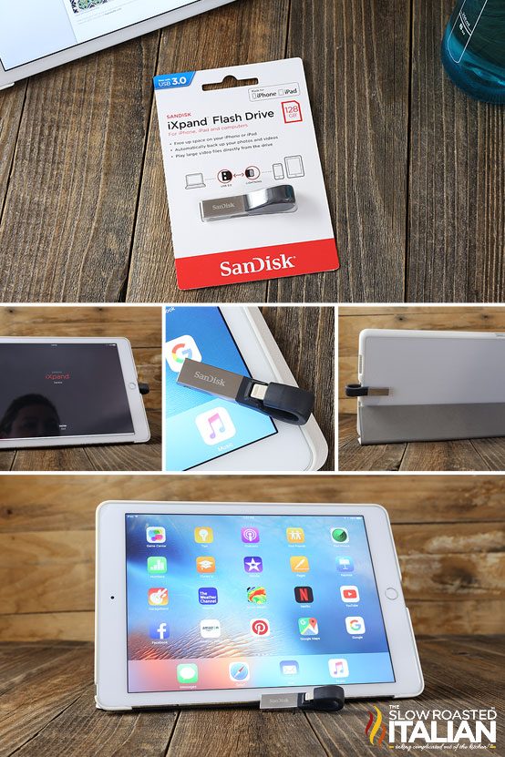 collage of iPad images and SanDisk iXpand flash drive