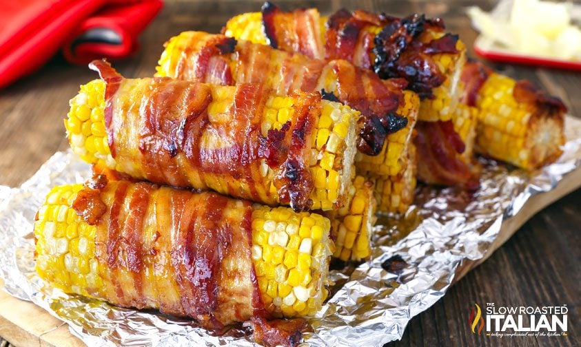 Candied-Bacon Wrapped Corn close up