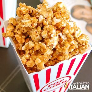 bowl of caramel peanut butter popcorn