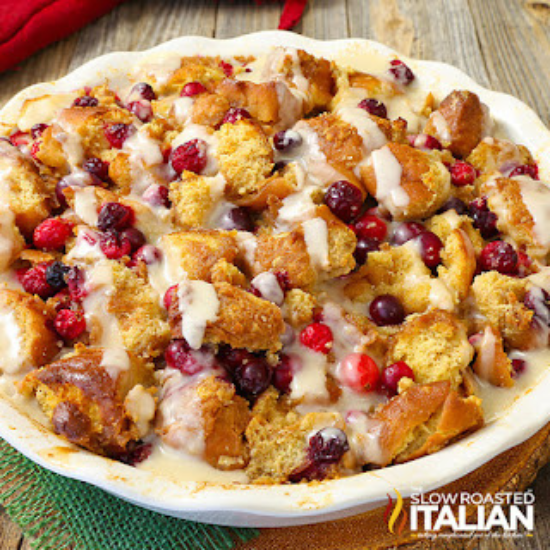 cranberry maple donut bread pudding in pie plate