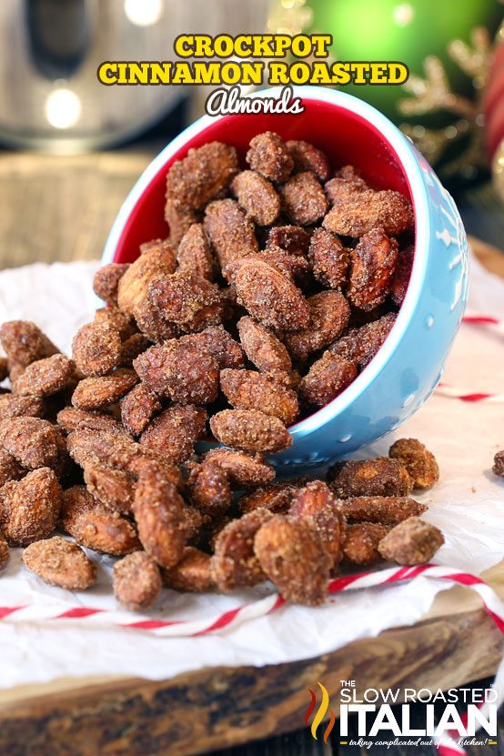 Crockpot Cinnamon Roasted Almonds are crunchy cinnamon glazed almonds that are perfectly roasted right in your slow cooker. This simple recipe is so easy, they just about cook themselves. Candied nuts make for the perfect homemade holiday gift.