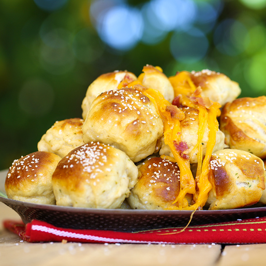 plate of cheesy bacon ranch stuffed pretzel bombs