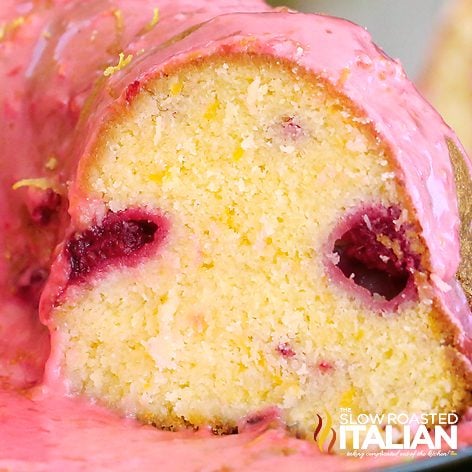 inside of raspberry lemonade pound cake