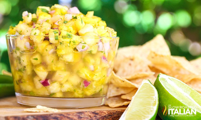 bowl of party dip with big chunks of fresh pineapple