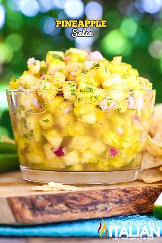 big glass bowl full of pineapple salsa