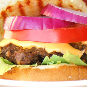 beef bacon burger plated