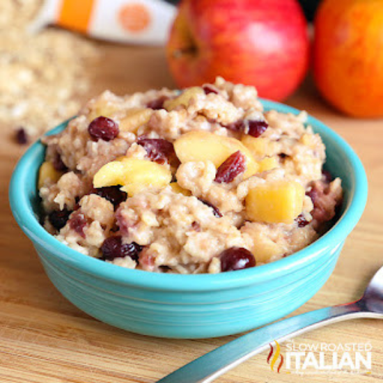 crockpot cranberry apple oatmeal in blue bowl