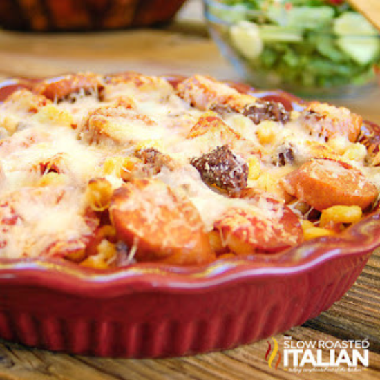 pizza pasta bake in red dish