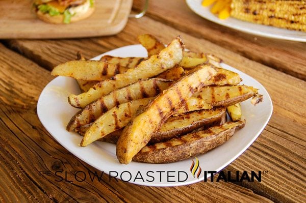 seasoned grilled fries on white plate