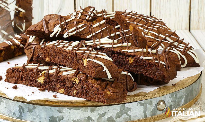 chocolate walnut biscotti on platter