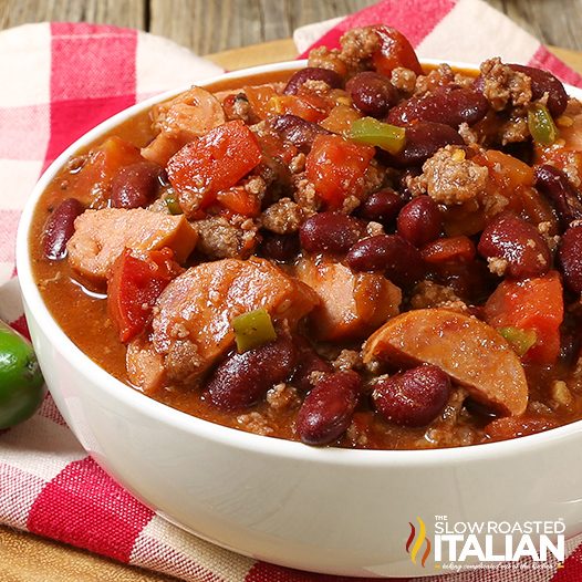 bowl of beef and sausage chili.