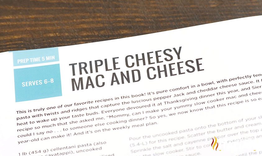 triple cheesy mac and cheese recipe in a cookbook