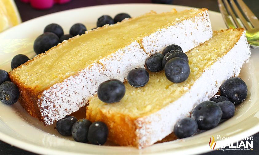slices of lemon pound cake with fresh blueberries