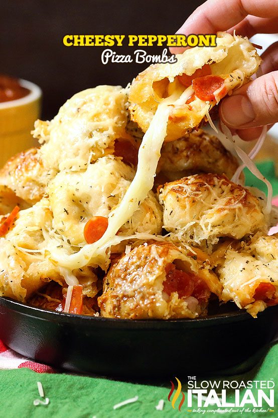 Glorious Cheesy Pepperoni Pizza Bombs are perfectly seasoned bread bites loaded with pepperoni and tons of ooey gooey cheese, baked to perfection.  That makes this easy recipe a game day winner! 