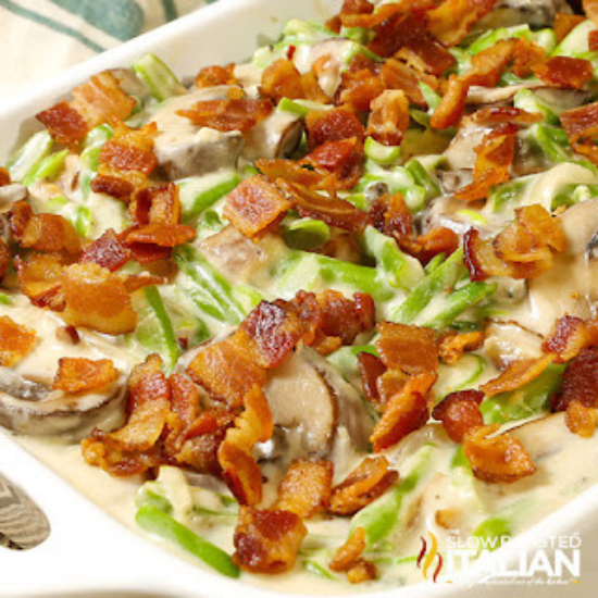 cheesy bacon green bean casserole in pan