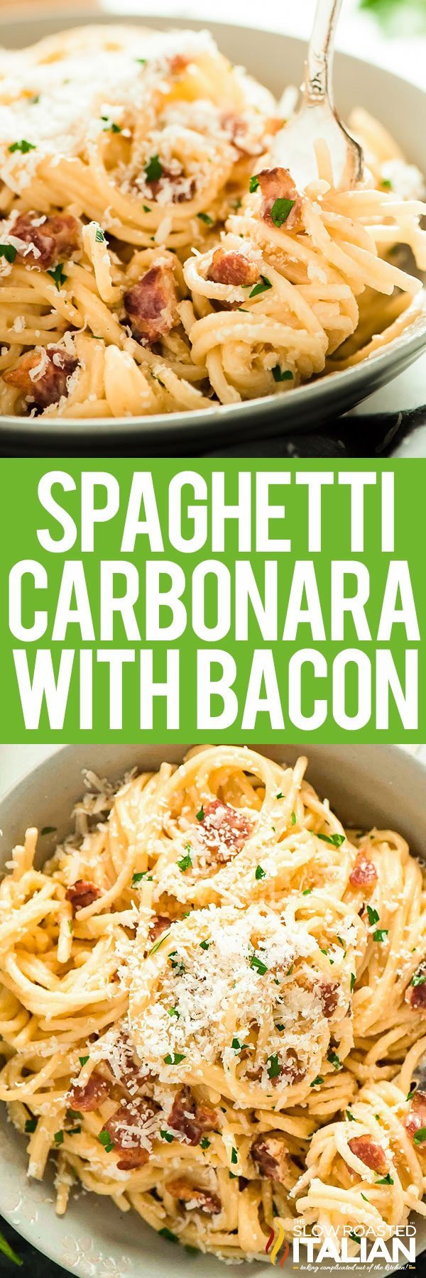 carbonara with bacon over pasta.