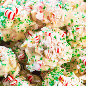 white chocolate crockpot candy with candy canes and sprinkles