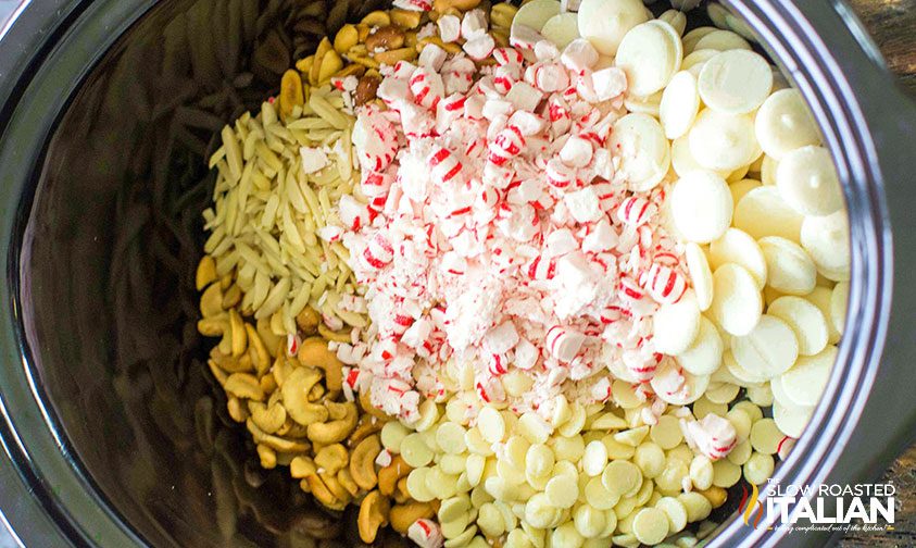 ingredients for peppermint crockpot candy in a crockpot