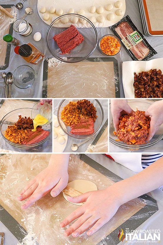 collage of steps to make bacon burger bombs recipe