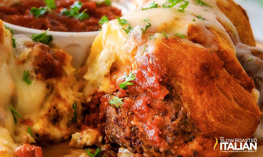 cheesy meatball pull apart bread close up