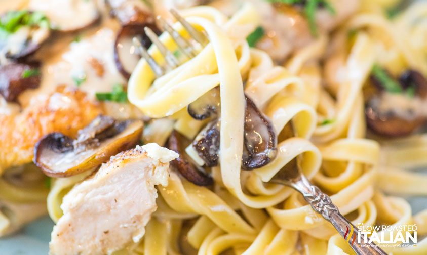 creamy chicken marsala wrapped around fork