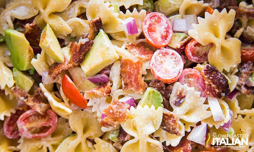 bacon avocado pasta salad close up