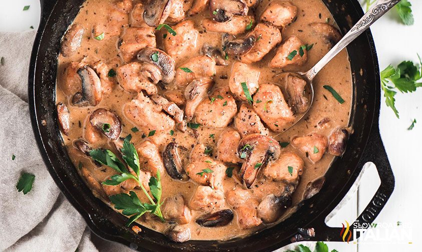 creamy chicken stroganoff in pan