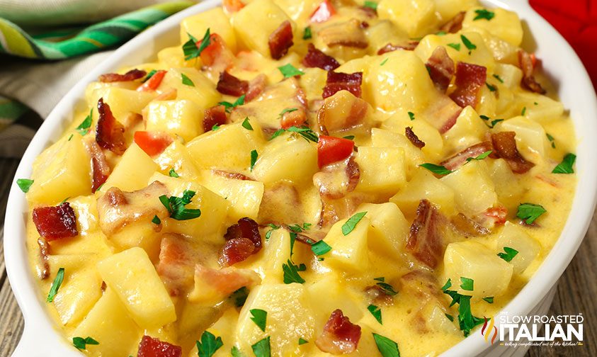 close up of slow cooker cheesy bacon potato casserole