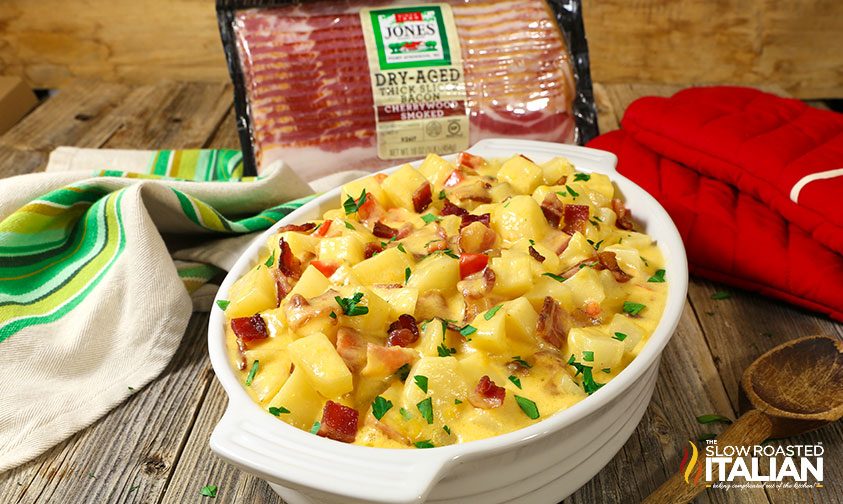 cheesy bacon potato casserole in white dish