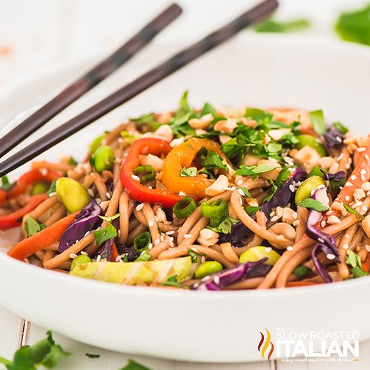 asian pasta salad in white bowl